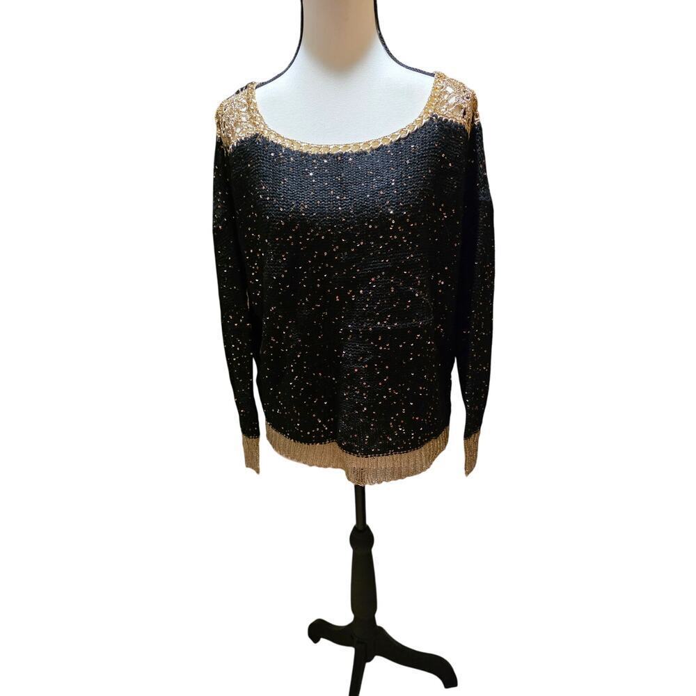 LTX Elegant Black Gold Trim Sweater Sparkling Metallic Knit Holiday Party S/M